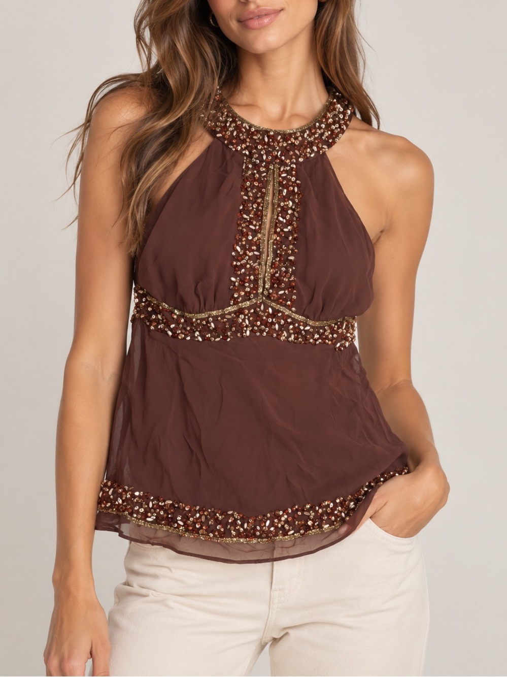 Milly 100% Silk Embellished Halter Neck Top Size 8 Brown Gold Beaded Sequence